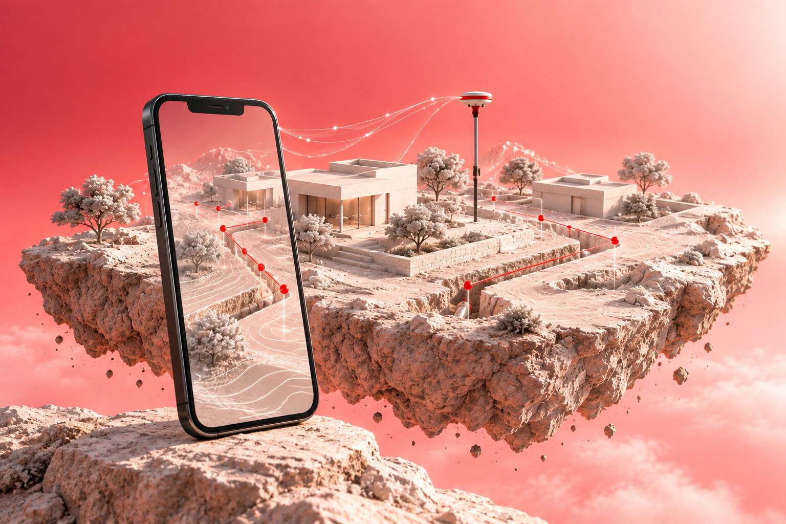 Prinzipbild zur mobilen Bestandserfassung: Smartphone, GNSS-Stab und rote Messpunkte auf einer Geländeinsel.