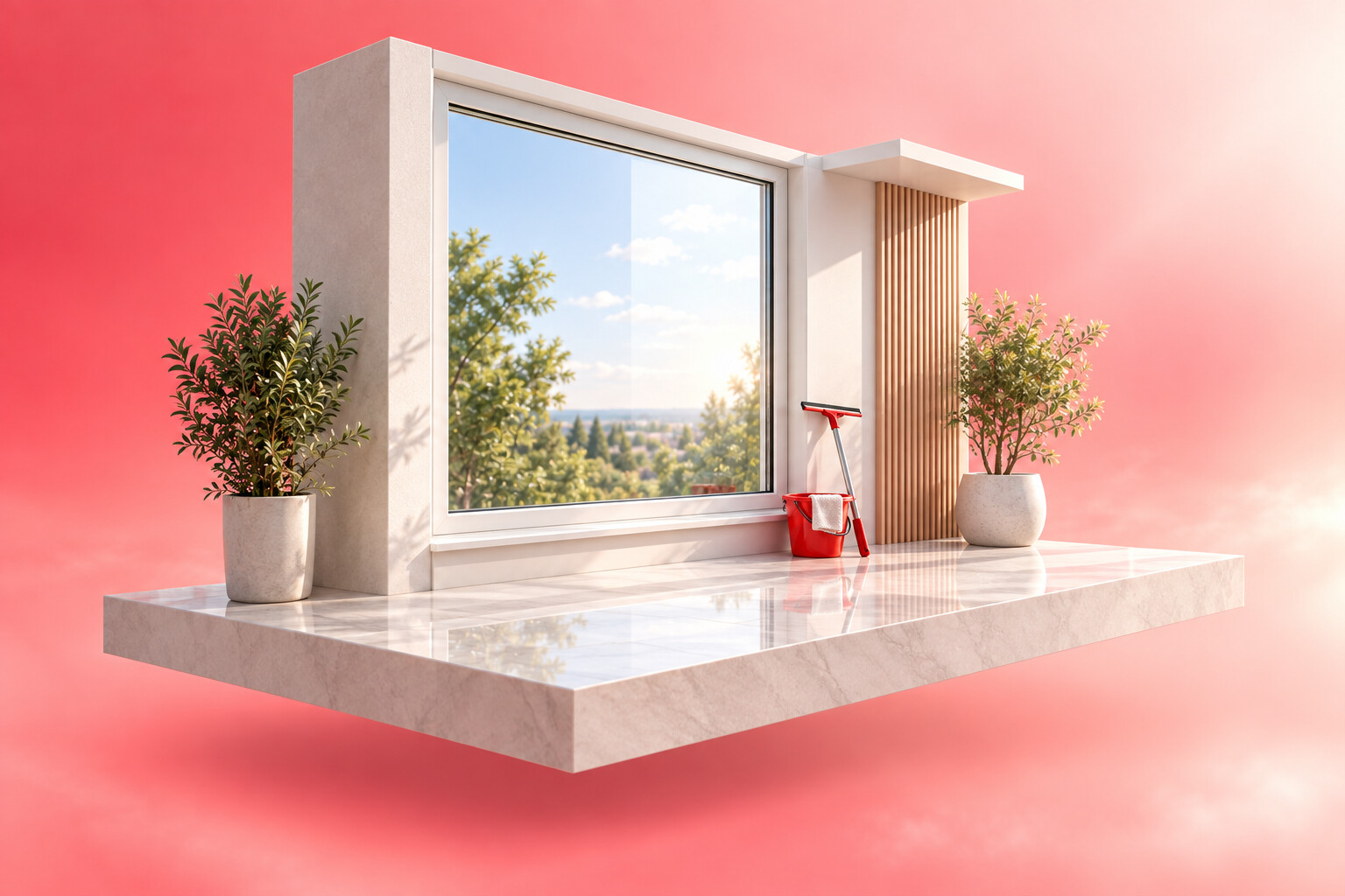 PMP-Reinigungsinsel mit klarem Fenster, gepflegtem Raum und roten Reinigungsutensilien.